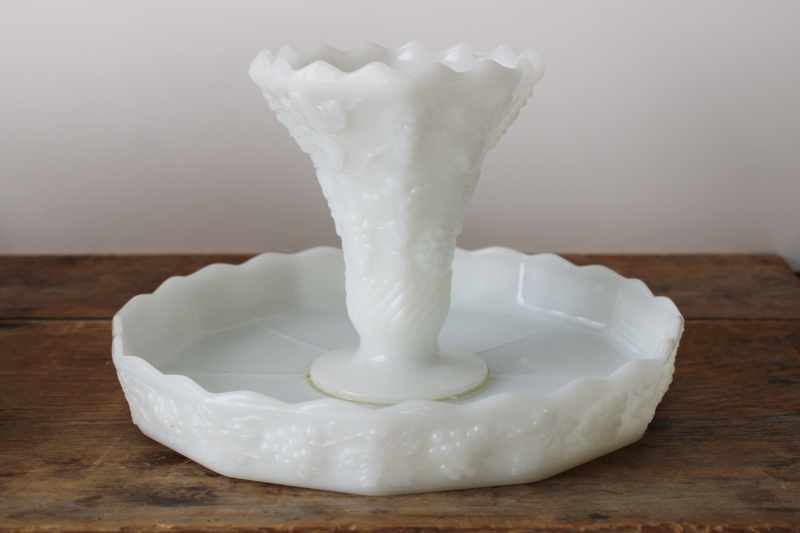 photo of vintage milk glass cake stand, Anchor Hocking harvest grapes pattern glass pedestal plate #5