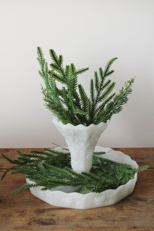 photo of vintage milk glass cake stand, Anchor Hocking harvest grapes pattern glass pedestal plate #7