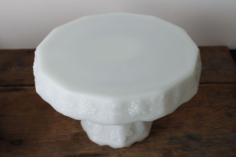 photo of vintage milk glass cake stand, Anchor Hocking harvest grapes pattern glass pedestal plate #9