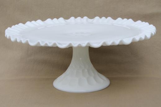 photo of vintage milk glass cake stand, Fenton Olde Virginia thumbprint pattern pedestal plate #1