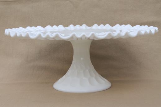 photo of vintage milk glass cake stand, Fenton Olde Virginia thumbprint pattern pedestal plate #2