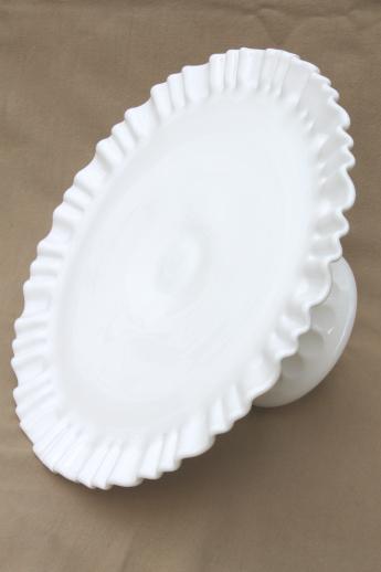 photo of vintage milk glass cake stand, Fenton Olde Virginia thumbprint pattern pedestal plate #6