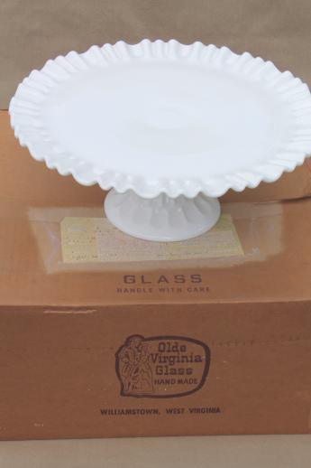 photo of vintage milk glass cake stand, Fenton Olde Virginia thumbprint pattern pedestal plate #8