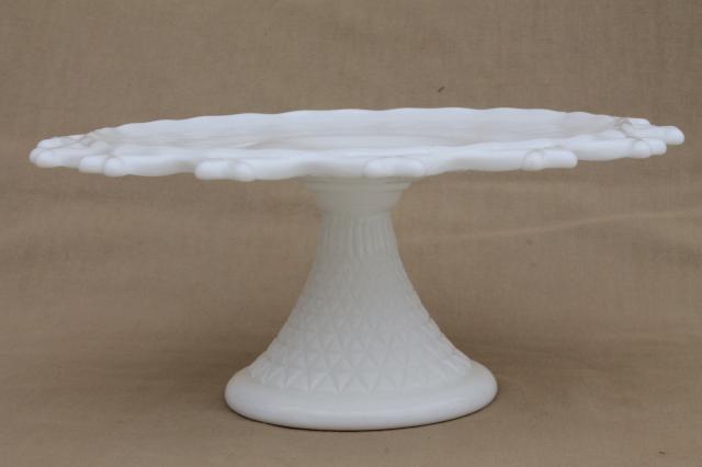 photo of vintage milk glass cake stand, Imperial laced edge lace glass wedding cake plate #2