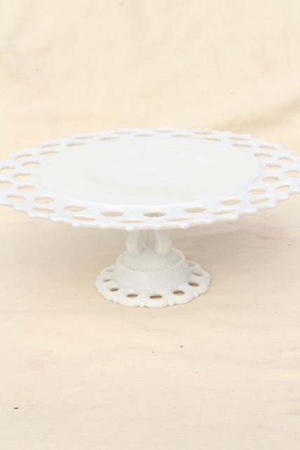 photo of vintage milk glass cake stand, Westmoreland Doric open lace edge pattern #1