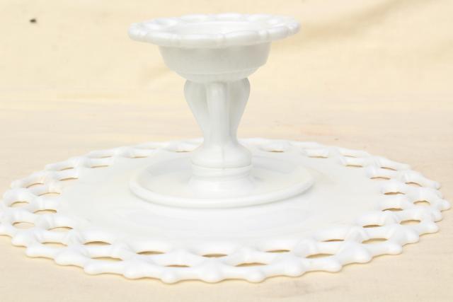 photo of vintage milk glass cake stand, Westmoreland Doric open lace edge pattern #3