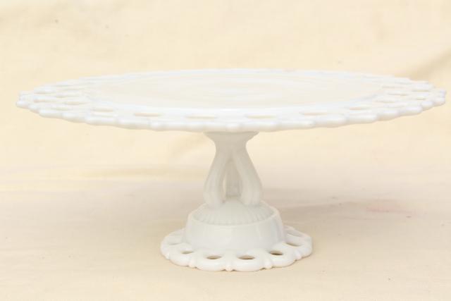 photo of vintage milk glass cake stand, Westmoreland Doric open lace edge pattern #5