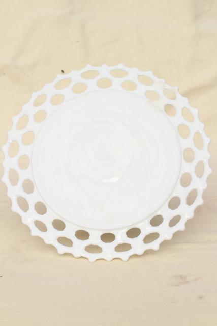 photo of vintage milk glass cake stand, Westmoreland Doric open lace edge pattern #6