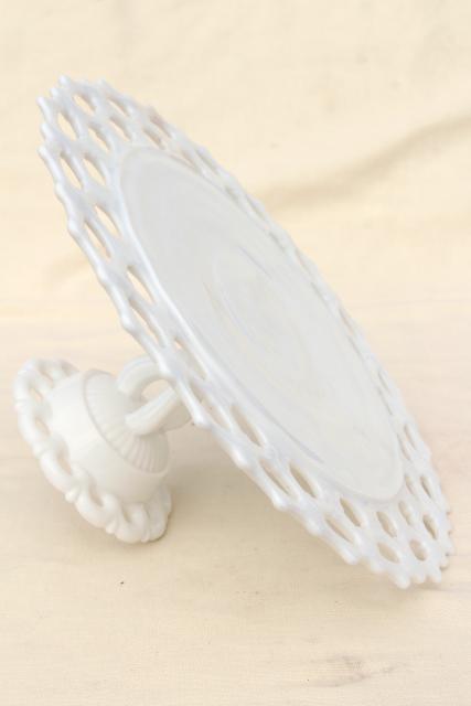 photo of vintage milk glass cake stand, Westmoreland Doric open lace edge pattern #10