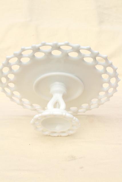 photo of vintage milk glass cake stand, Westmoreland Doric open lace edge pattern #11