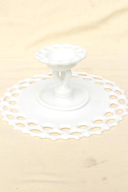 photo of vintage milk glass cake stand, Westmoreland Doric open lace edge pattern #12