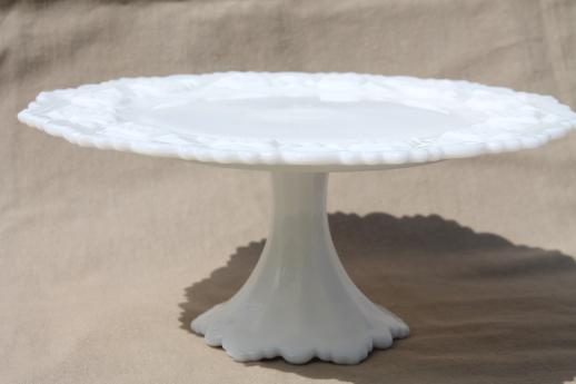 photo of vintage milk glass cake stand, Westmoreland Old Quilt bell footed pedestal plate #1