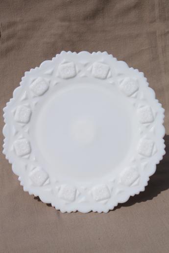 photo of vintage milk glass cake stand, Westmoreland Old Quilt bell footed pedestal plate #2