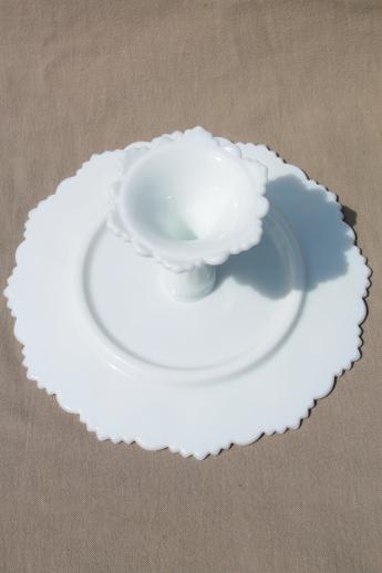 photo of vintage milk glass cake stand, Westmoreland Old Quilt bell footed pedestal plate #4