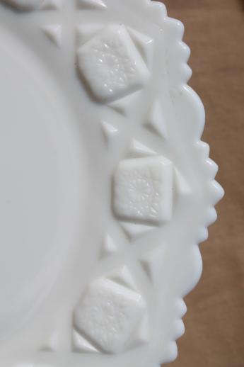 photo of vintage milk glass cake stand, Westmoreland Old Quilt bell footed pedestal plate #5