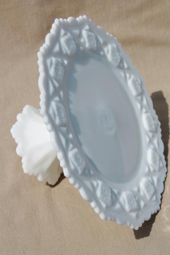 photo of vintage milk glass cake stand, Westmoreland Old Quilt bell footed pedestal plate #6