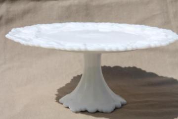 catalog photo of vintage milk glass cake stand, Westmoreland Old Quilt bell footed pedestal plate