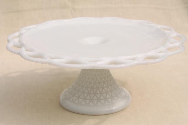 photo of vintage milk glass cake stand, open lace edge pattern cake pedestal plate  #1