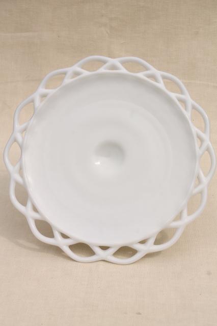 photo of vintage milk glass cake stand, open lace edge pattern cake pedestal plate  #2