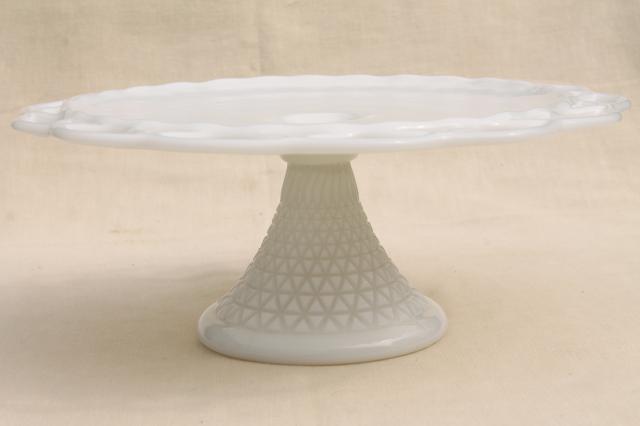 photo of vintage milk glass cake stand, open lace edge pattern cake pedestal plate  #3