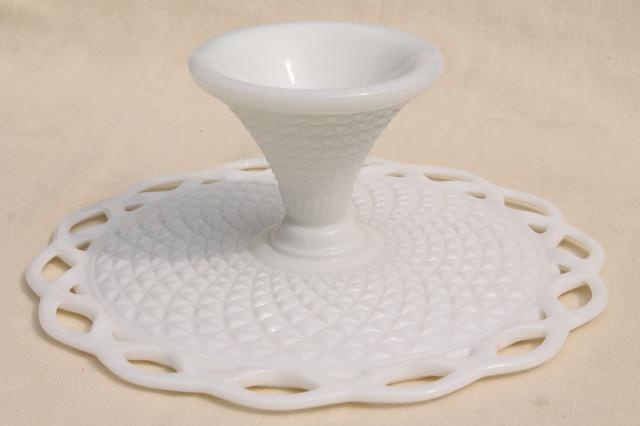 photo of vintage milk glass cake stand, open lace edge pattern cake pedestal plate  #7