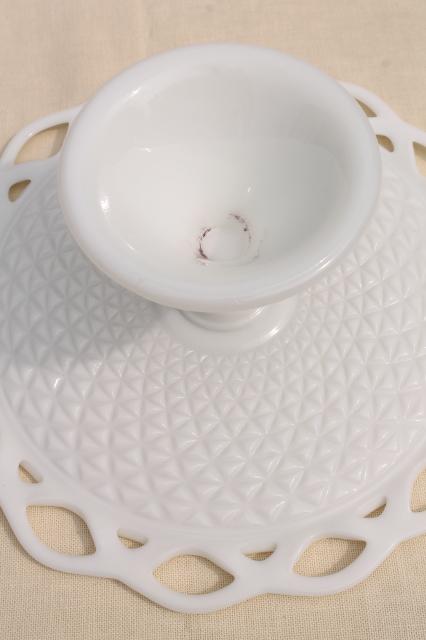 photo of vintage milk glass cake stand, open lace edge pattern cake pedestal plate  #8