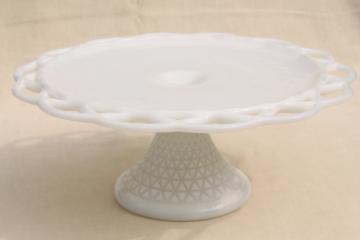 catalog photo of vintage milk glass cake stand, open lace edge pattern cake pedestal plate 