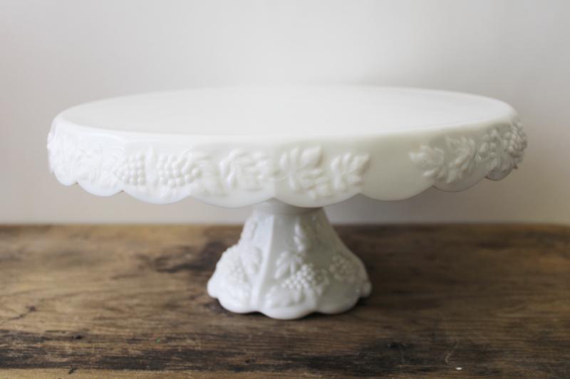 photo of vintage milk glass cake stand, paneled grape pattern wedding cake plate #1