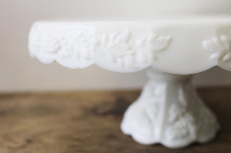 photo of vintage milk glass cake stand, paneled grape pattern wedding cake plate #4