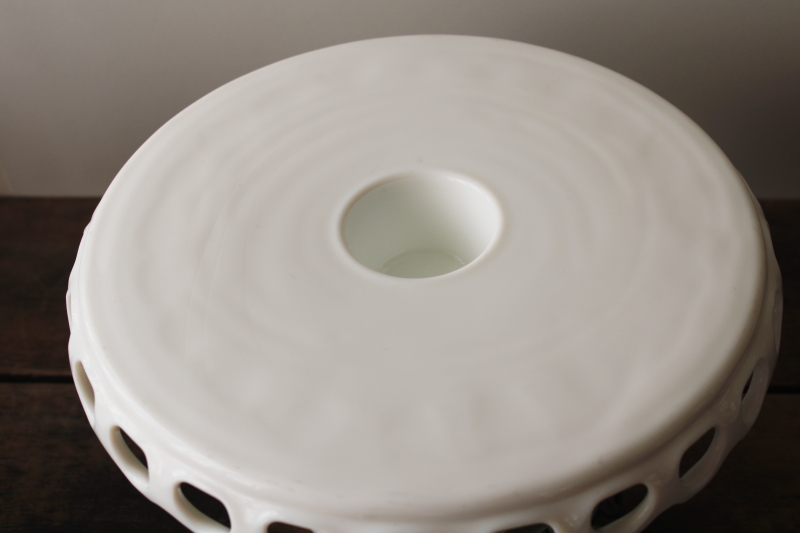 photo of vintage milk glass cake stand w/ rum well, McKee Plymouth thumbprint lace edge dessert plate #2