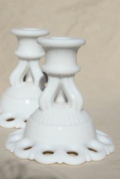 catalog photo of vintage milk glass candle holders, pair Westmoreland Doric open lace edge candlesticks