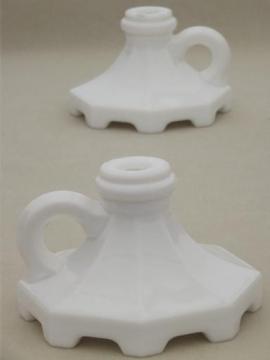 catalog photo of vintage milk glass candlestick lamps, finger ring candle stick lamp bases 