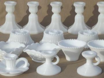 catalog photo of vintage milk glass candlesticks lot, low candle holders tall candlesticks