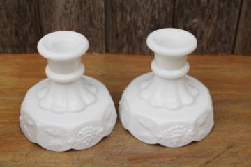 catalog photo of vintage milk glass candlesticks, pair of Westmoreland paneled grape candle holders