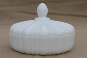 catalog photo of vintage milk glass candy dish, Anchor Hocking Old Cafe pattern round box