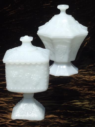 photo of vintage milk glass candy dish boxes, Anchor Hocking beaded grape pattern #1