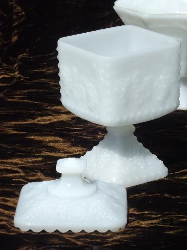 photo of vintage milk glass candy dish boxes, Anchor Hocking beaded grape pattern #2