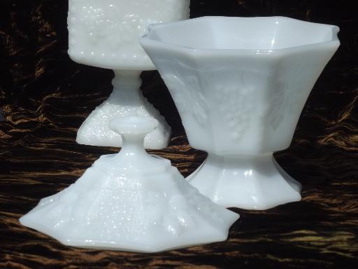 photo of vintage milk glass candy dish boxes, Anchor Hocking beaded grape pattern #3