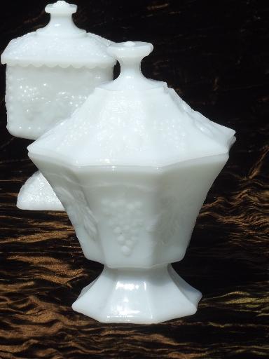 photo of vintage milk glass candy dish boxes, Anchor Hocking beaded grape pattern #4