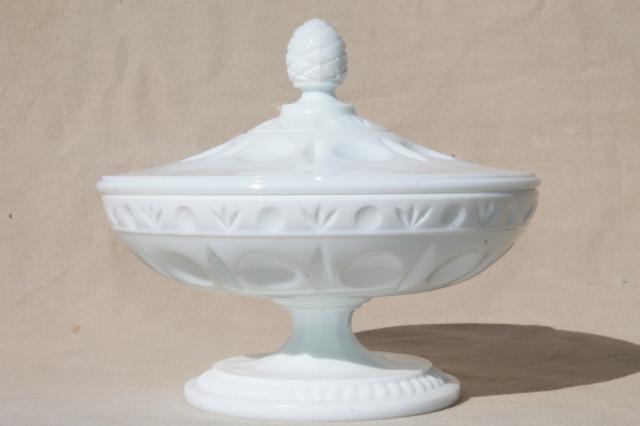 photo of vintage milk glass candy dish or covered compote bowl, pineapple pattern glass #1