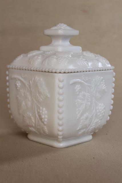 photo of vintage milk glass candy dish, square box w/ lid, Westmoreland beaded grape #1