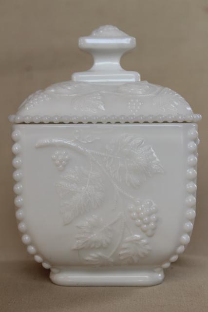 photo of vintage milk glass candy dish, square box w/ lid, Westmoreland beaded grape #2