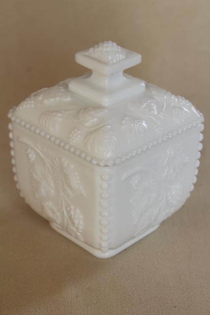 photo of vintage milk glass candy dish, square box w/ lid, Westmoreland beaded grape #3