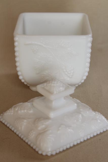 photo of vintage milk glass candy dish, square box w/ lid, Westmoreland beaded grape #5