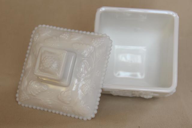 photo of vintage milk glass candy dish, square box w/ lid, Westmoreland beaded grape #6