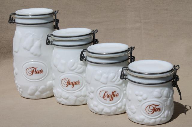photo of vintage milk glass canister set, Wheaton country orchard kitchen canister jars  #1
