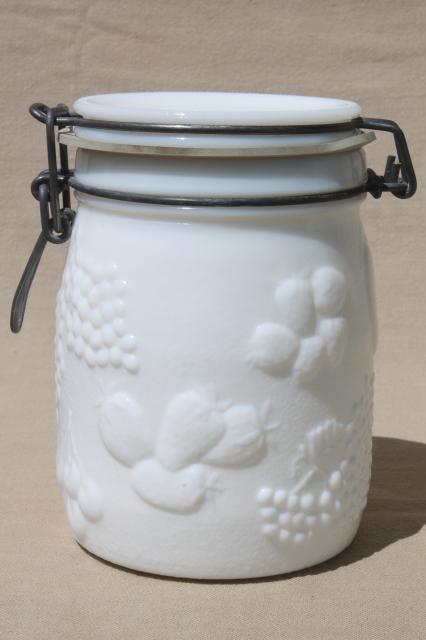 photo of vintage milk glass canister set, Wheaton country orchard kitchen canister jars  #2