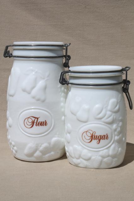 photo of vintage milk glass canister set, Wheaton country orchard kitchen canister jars  #3