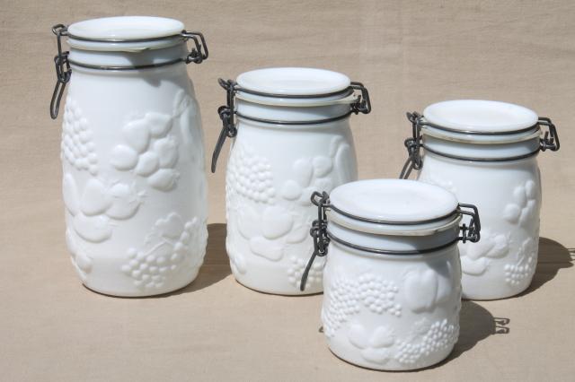 photo of vintage milk glass canister set, Wheaton country orchard kitchen canister jars  #7