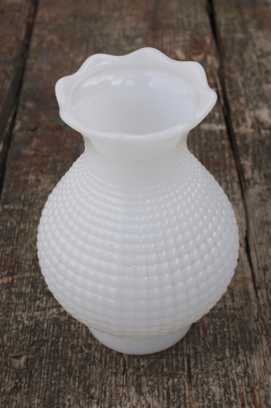 photo of vintage milk glass chimney shade, waffle block pattern translucent white glass hurricane #1